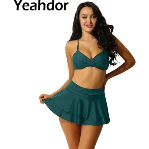2PCS Women Sexy Swimwear Bikini Set V Neck Bra Ruffle A Skirt with Knicker Swimsuit Female Swimming Bathing Suit Beachwear