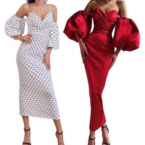 Women Long Dress, Wave Points Printed Pattern Half Sleeves Off-the-shoulder One-piece, White/ Red