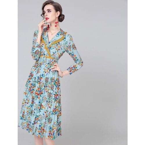 Runway Designer Autumn Dress Womens Long Sleeve Casual Holiday Floral Print Slim Pleated Elegant Dress k8615