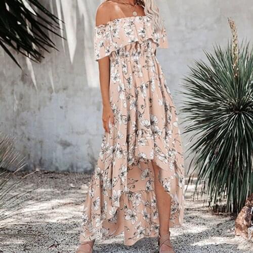 Summer Women Off shoulder Slim High Waist Dress Ladies Boho Casual Slash Neck Ruffles Asymmetrical Floral Printed Beach Vestidos