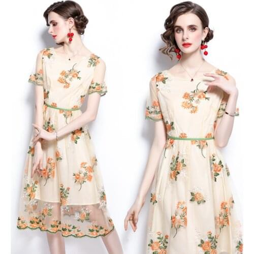 Female Mesh Floral Vestidos Women Summer Dresses Chic Embroidered Flower O-Neck Short Sleeve High Waist A Line Dress 1138