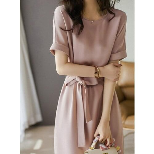 Summer Women Office Lady Pink Chiffon Short Sleeve Dress With Sashes OL Style Elegant Dresses For Women Over Size Clothing