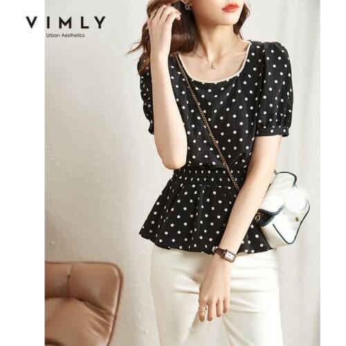 VIMLY Summer Blouse For Women Elegant U Neck Dot Blouses Office Lady Puff Sleeve Chiffon Blouse Womens Shirts Ladies Tops F8076