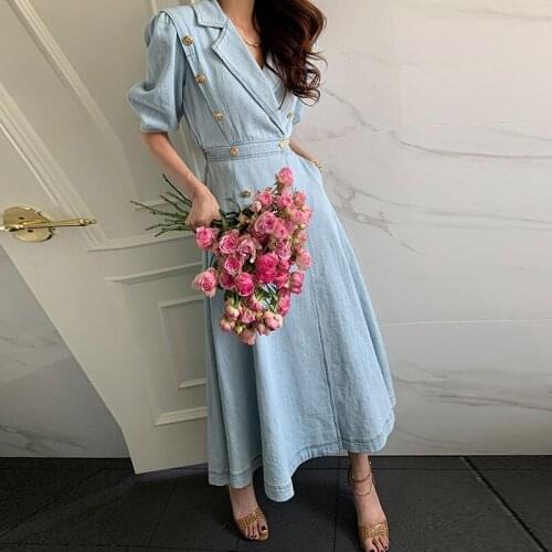 One Piece Women Denim Dress Korea Puff Sleeve Double-Breasted Temperament Long Vestido Female Vintage Korea Lapel Metal Dresses
