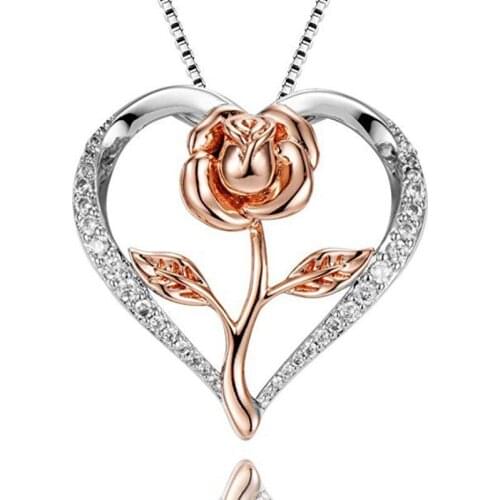 MIQIAO Rose Gold Plated Rose Flower Luxury Crystal Love Heart Collar Chains Necklace for Women Friend Lover Gift Vintage Jewelry
