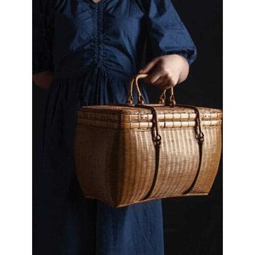 Pure hand-made bamboo tea box tea set storage bag fashion retro bag hand tea cage bamboo tea ceremony portable bag