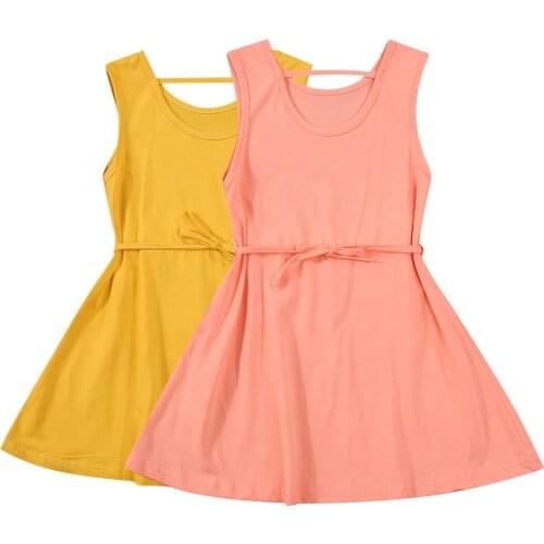 Kids Girls Fashion Sleeveless Dress Summer Stylish Backless Solid Color Dress for Children Girls