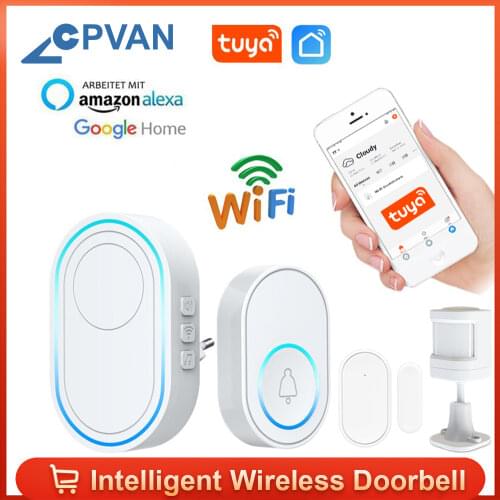 CPvan Tuya WIFI Intelligent Wireless Doorbell Home Doorbell Waterproof 300m Remote Compatible Door Bell Chime EU UK US Plug