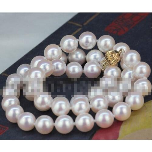 Jew3118 AAAAA18" 9mm natural white perfect round seawater akoya pearl necklace -14k gold