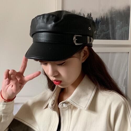 Pu Leather Military Cap Women Fashion Military Hat Gorras Snapback Caps Female Casquette Beret British Style High Quality