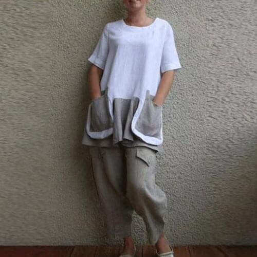 Summer Short Sleeve Patchwork Pocket 2 Pcs Set 5XL Spring Cotton Linen Women Sets Elegant O Neck Top Pullover + Loose Pants Suit