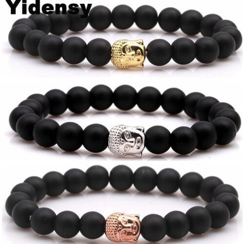 Yidensy Fashion Buddha Head Bracelets Black Matte Stone Beads Bracelet Simple Strand Bracelet Bangle for Women Men Jewelry