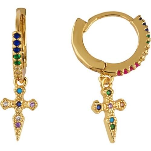 Trendy Rainbow Gothic Dangle Cross Stud Earrings Gold Tiny Zircon Colorful Earrings For Woman Aretes De Moda Huggie Jewelry