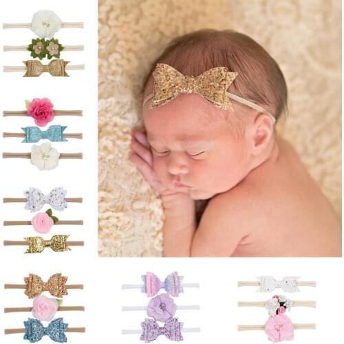 Nishine 3pcs/lot Baby Girls Nylon Headbands Sequin Bows Toddler Glitter Flower Hairbands Newborn Headwear Set Hair Accessories