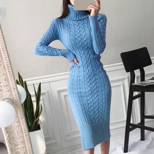 Autumn Casual All Match Female Dress Winter New Knitted Woman Dress Turtleneck Long Sleeve Warm Criss Cross Pencil Dress