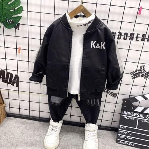 3pcs Toddler Baby Autumn Boys Clothes set boys PU Leather jacket+T-shirt+jeans Boys Outfits Kids Clothing For Children Sets