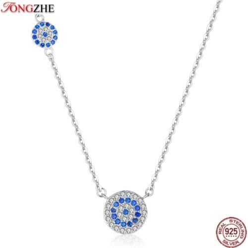 TONGZHE Women Necklace Long Silver 925 Sterling Jewelry Blue Stone CZ Evil Eye Pendant Necklace For Women Link Chain Koyle