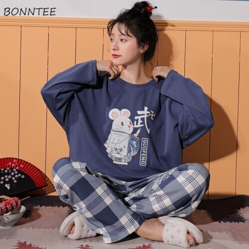 Pajama Sets Women New Autumn Lovely Student Home Print Long Sleeve 2 Piece Ladies Nightclothes Cotton Fashionable Korean Style