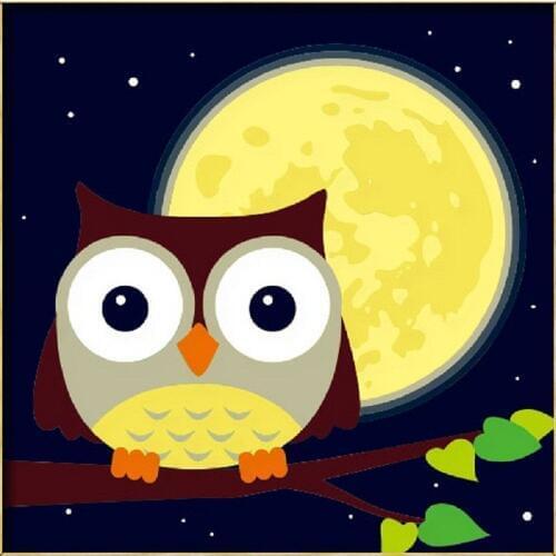 Hand-painted Cartoon Abstract Canvas Oil Painting for Kids Room Owl and Yellow Moon Home Decor Wall Art High Quality No Framed