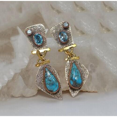 Vintage Tibetan Silver Color Turquoises Earring Blue Stone Chain Dangle Earrings for Women Boho Jewelry