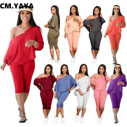 CM.YAYA Solid Classic Womens Set Batwing Long Sleeve Off Shoulder Top Knee Length Pant Set Tracksuit Fitness 2 Piece Outfit Set