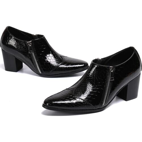 High Heel Shoes For Men Wedding Patent Genuine Leather Classic Snakeskin Dress Formal Oxford Zipper Male Luxury Italian Shoe