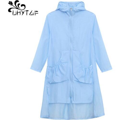 UHYTGF New summer coat Beach Thin sun protection clothing Loose hooded plus size coats Anti-UV Long sleeve Wild female coat 421