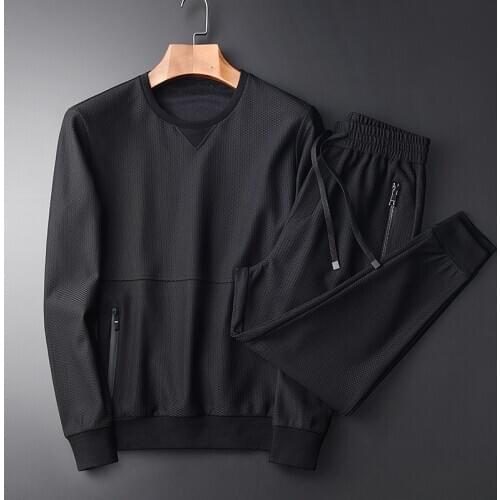 Spring Autumn Mens Sweatshirts Sets New Round Collar Fleece Hoodies (hoodies+pants) Elastic Waistbands Zipper Pants 4XL