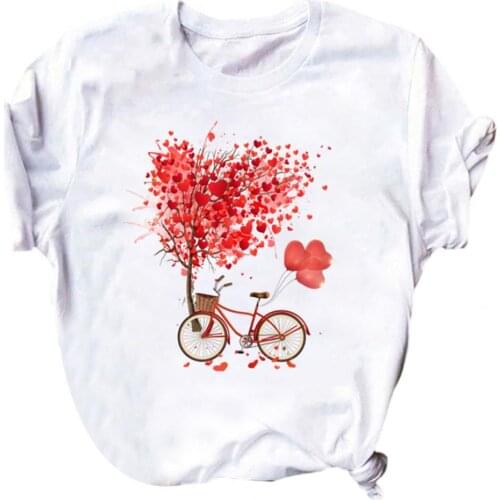 Women Polyester T-shirt Heart Print Loose Summer Round Neck Short Sleeve T-shirt for Dating Streetwear Tops