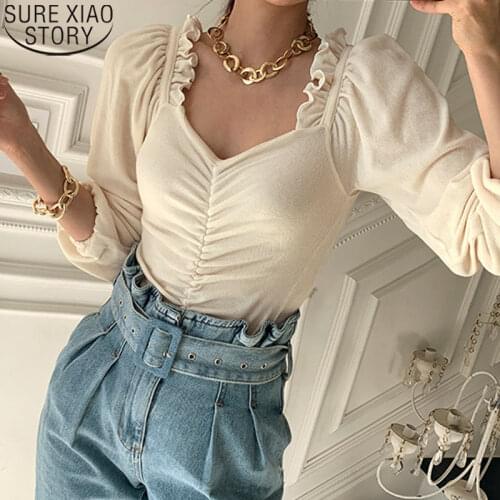 Pleated Shirts Puff Sleeve Elegant Cotton Blouse Women Ruffles Tops Spring 2021 New Square Collar Blouse Lady Chic Blouses 12904