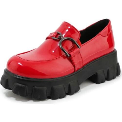 Sianie Tianie 2021 Patent PU Leather Round Toe Thick Sole Womens Shoes Big Size 33-46 Red White Platform Flats Loafers Woman