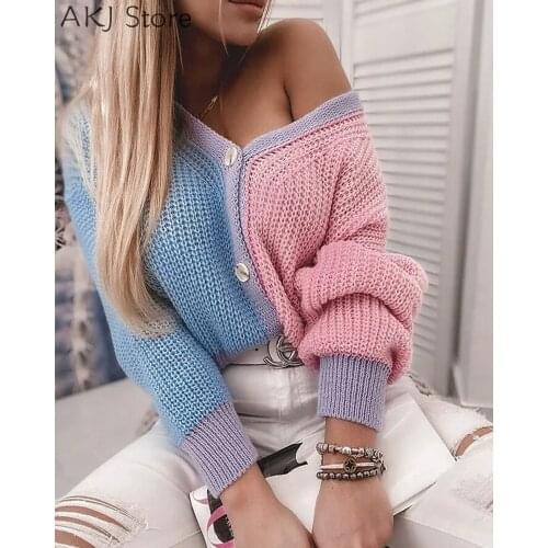 Women Casual Patchwork button Loose Long Sleeves Sweater Tops