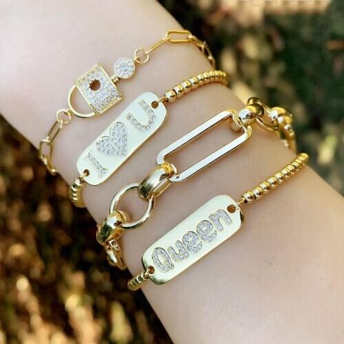 2021 White CZ Love Lock Sliced letters Shape Jewelry For Women Charm Gold Copper Dainty Link Adjustable Bracelet For Her Gift