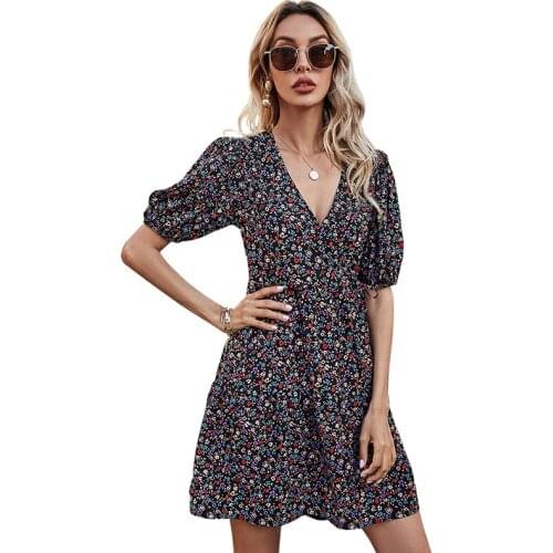 Floral Print Puff Short Sleeve Sexy V-neck Women Mini Dress Summer Chiffon High Waist Wrap Elegant A-Line Beach Dress