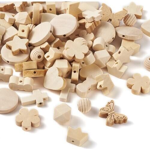 100pcs/box Mixed Shapes Unfinished Wood Beads & Pendants for DIY Decoration Jewelry Making Accessories