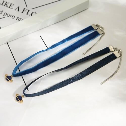 12 pcs/ lot fashion jewelry accessories blue ribbon metal enamel planet choker necklace