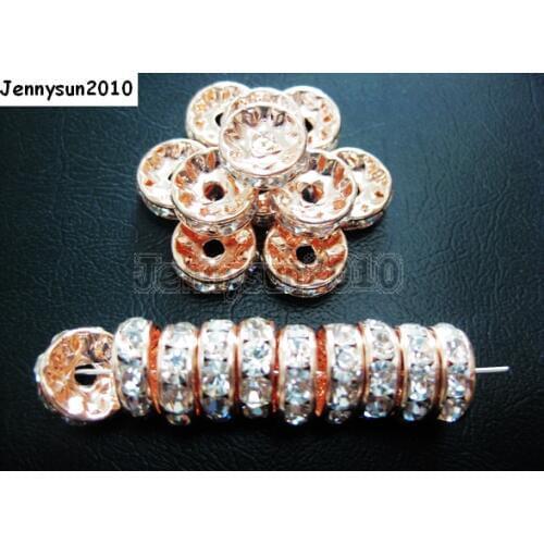 200pcs/lot 8mm Top Quality Czech Clear Crystal Rhinestone Pave Rondelle Metal Rose Spacer Loose Beads Jewelry Making