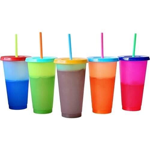 5Piece Color Changing Cups,24oz Cold Drink Cups, Reusable Cups with Lids and Straws-Bright Coffee Tumblers Party Cup for Adults