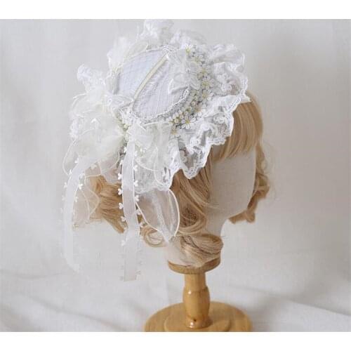 Handmade White Lolita Lace Bow Hairpin Top Hat Side Clip Headdress Tea Party Hair Accessories B1902