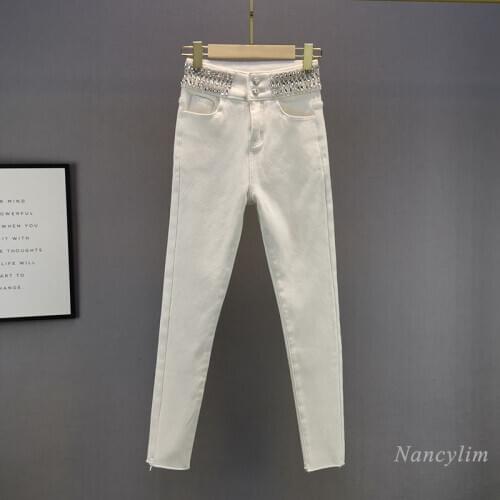 White Fleece Lining Thick Warm Jeans Women Winter New Slim Fit Rhinestone Hight Waist Skinny Denim Pencil Trousers Pants