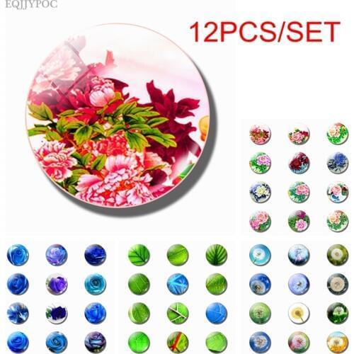Flowers Fridge Magnet Refrigerator Magnetic Sticker Chinese Peony Peonies Rose Dandelion Leaf Glass Dome Ornaments Home Decor