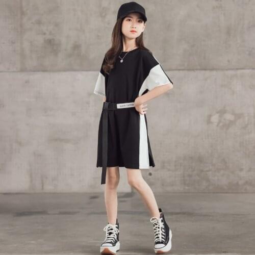 6 To 16 Years, Kids Shirt Dress 2021 New Summer Girls Dress Teenage Cotton Dress White and Black Patchwork with Waistband,#6158