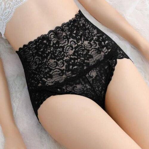 Women Briefs High Waist Abdomen Control Underwear Floral Lace Solid Color Hip Lift Underpants for Daily Wear