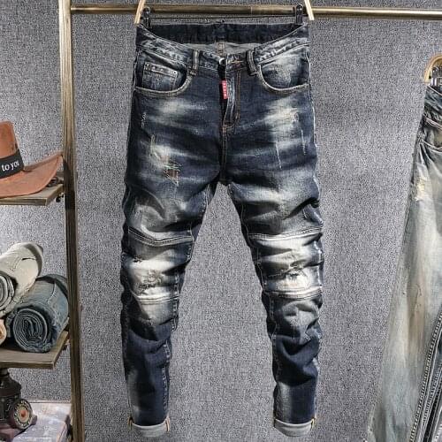 European American Street Fashion Men Jeans Retro Elastic Slim Fit Ripped Jeans Men Spliced Designer Hip Hop Denim Biker Pants