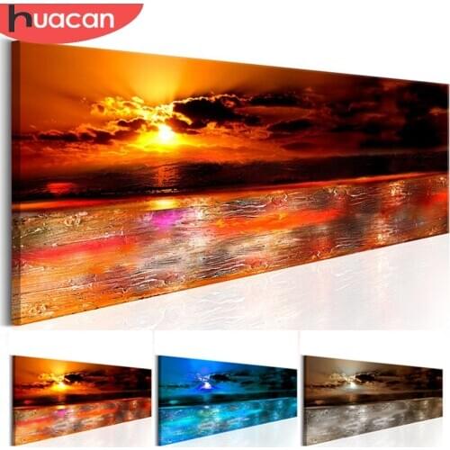 HUACAN DIY Diamond Painting Cross Stitch Seascape Dusk Night View Diamond Embroidery Needlework Home Decor