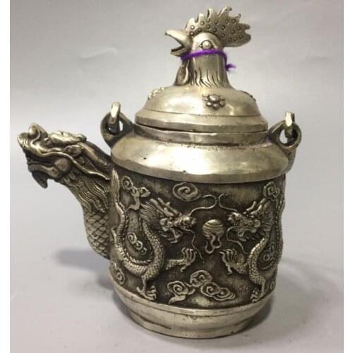 China White copper dragon phoenix teapot crafts statue
