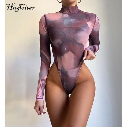 Hugcitar 2020 Long Sleeve Turtleneck Tie Dye Print Skinny Bodycon Bodysuit Autumn Winter Women Sexy Streetwear Casual Romper