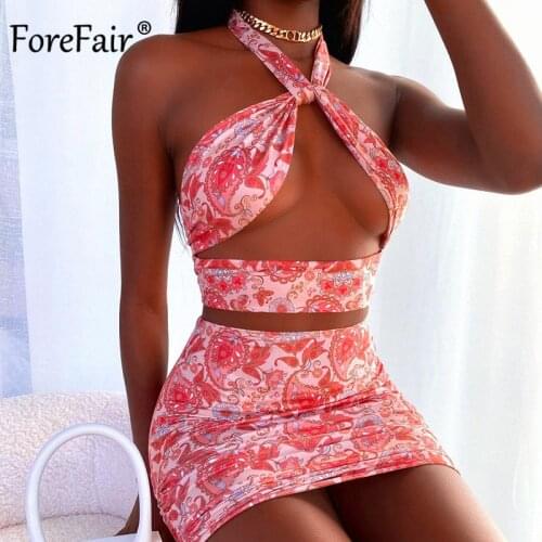 Forefair 2021 Halter Sexy Cut Out Crop Top and Skirts Set Fashion Outfits Summer Print Drawstring Ruched Matching Set Club Party