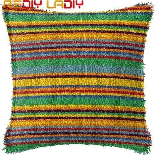 Latch Hook Cushion Colorful Stripes Pillow Case Pre-Printed Canvas Acrylic Yarn Latched Hook Pillow Crochet Cushion Cover Kits