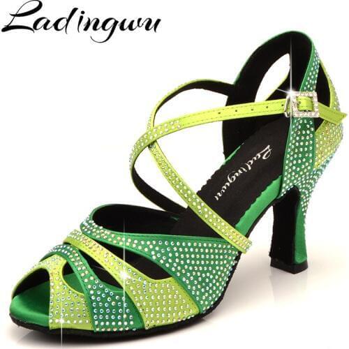 Ladingwu Rhinestone Dance Shoes Latin Salsa Dance Girls Shoes Dark Green Light Green Gradient Dance Shoes Women Pink Small mouth